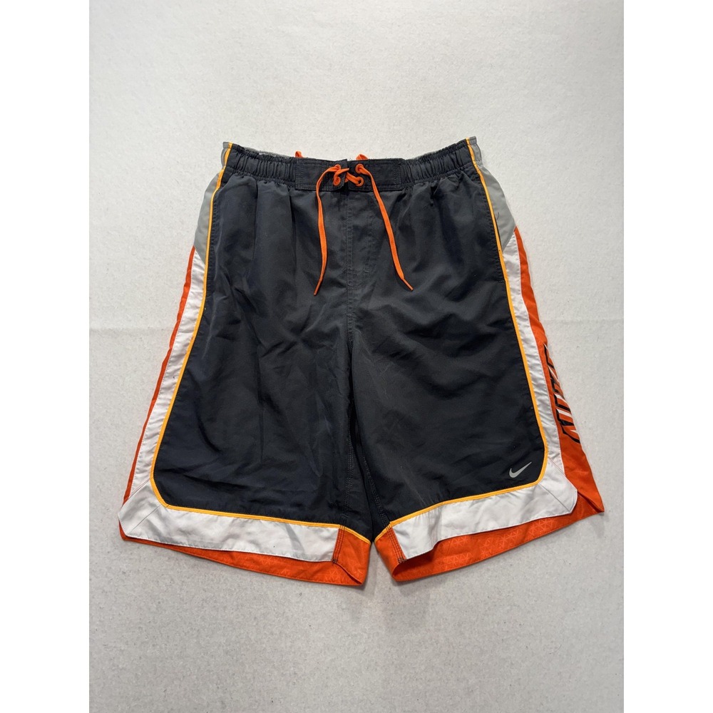 Nike Swim Shorts Mens Large Gray Orange Colorblock Lined Elastic Waist Tie